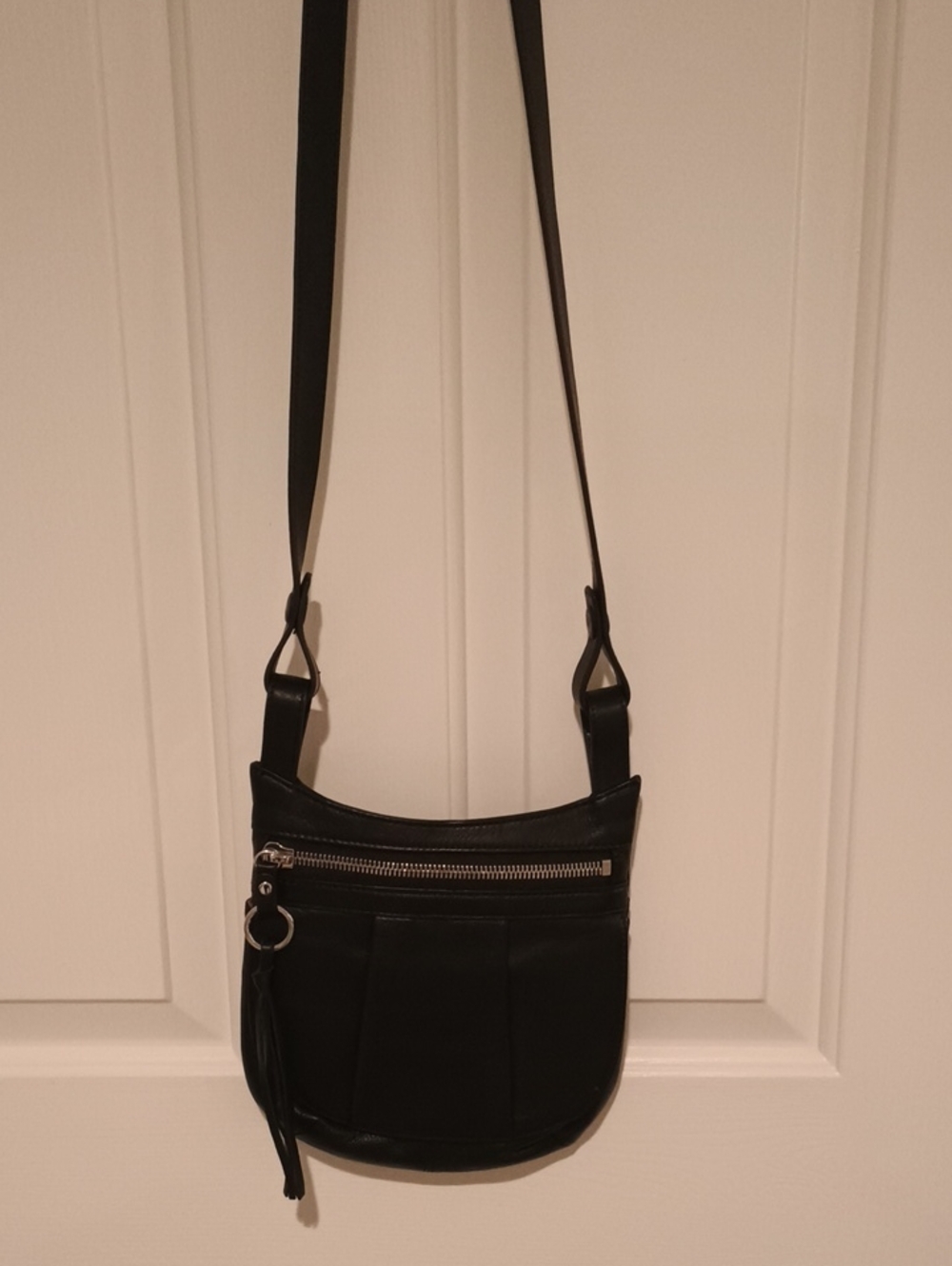 HOBO Black Leather Crossbody with Front Zip and Tassel